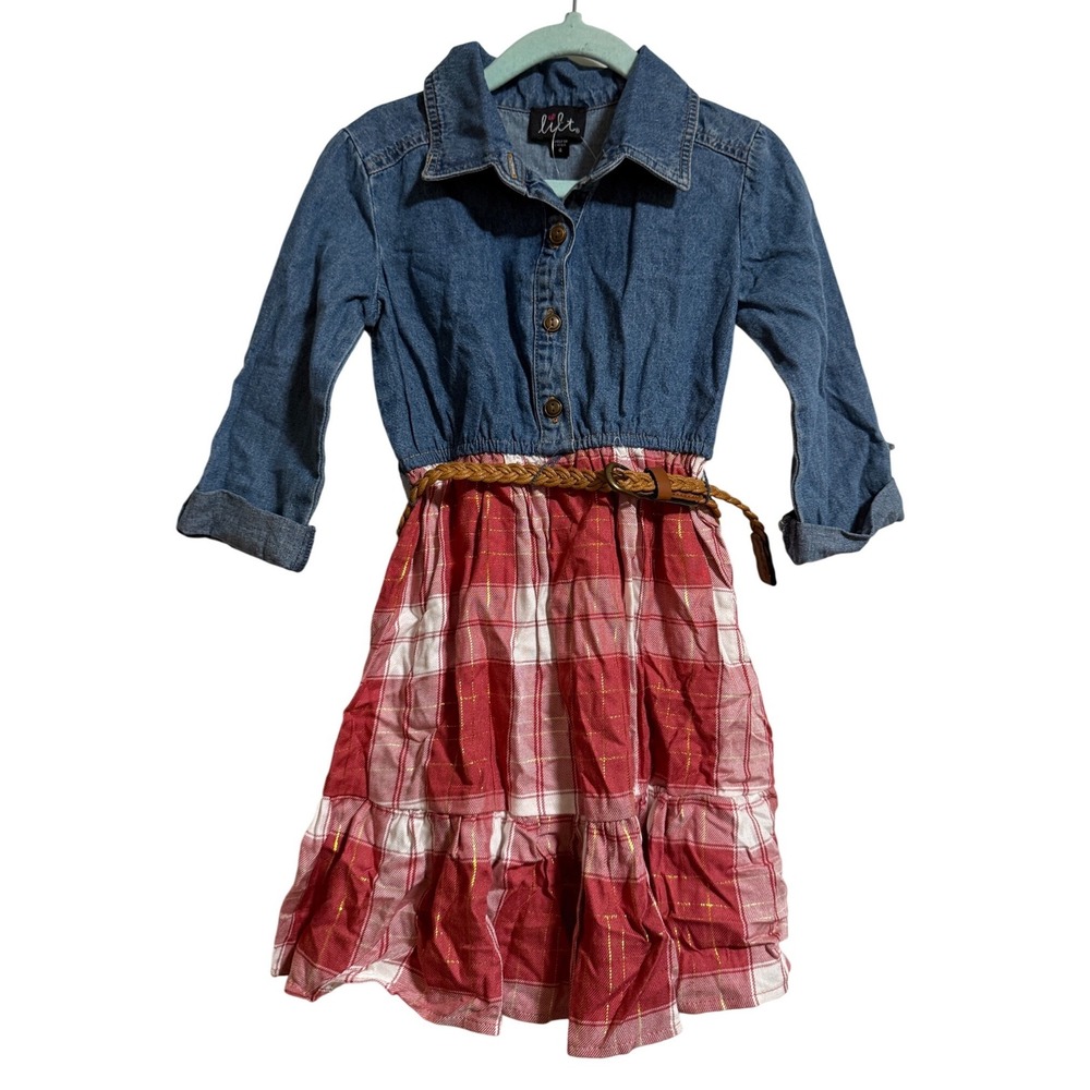 Lilt Girls Denim Plaid Mixed Media Tiered Dress Red Blue Size 4